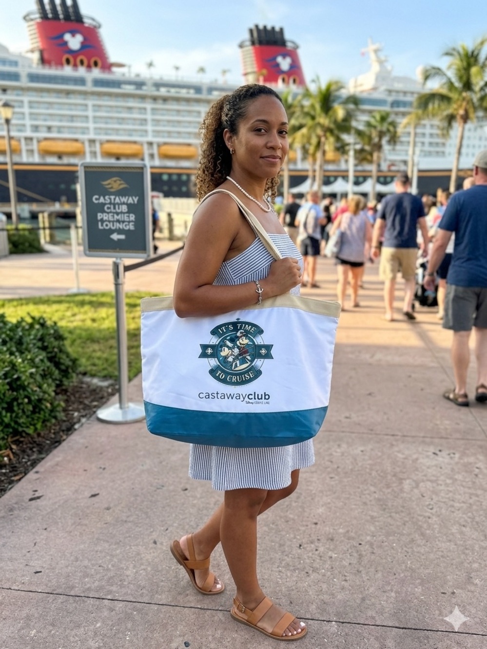 Castaway Club White and Teal Canvas Tote with Beige Straps